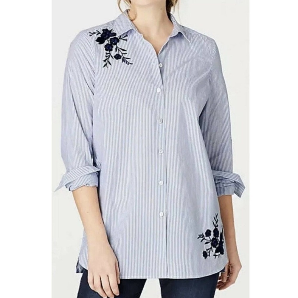 J. Jill Blue Striped Flower embroidered 💯 Cotton Blouse Sz. L
